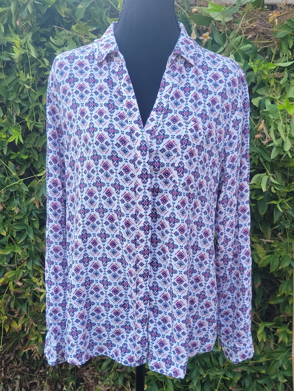 Printed Long-Sleeve Button-Up Blouse in White and Purple